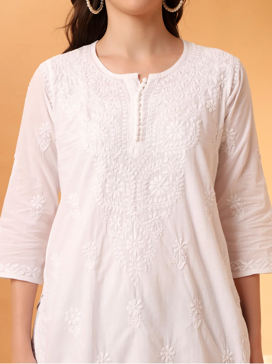White Ira Cotton Chikankari Short Kurta - Image 2