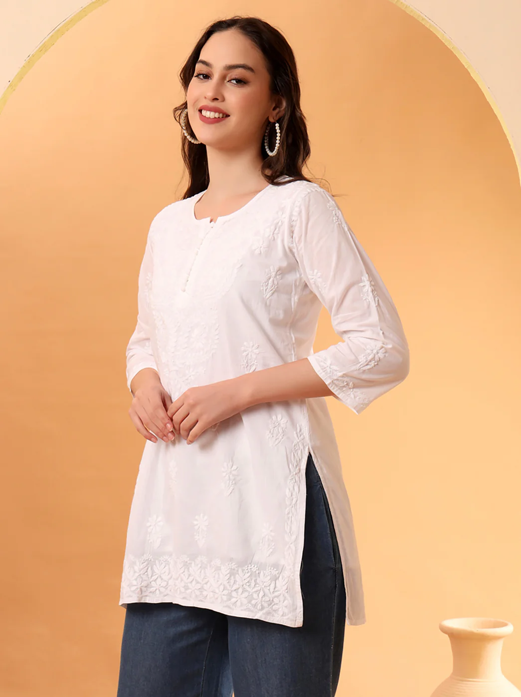 White Ira Cotton Chikankari Short Kurta - Image 4