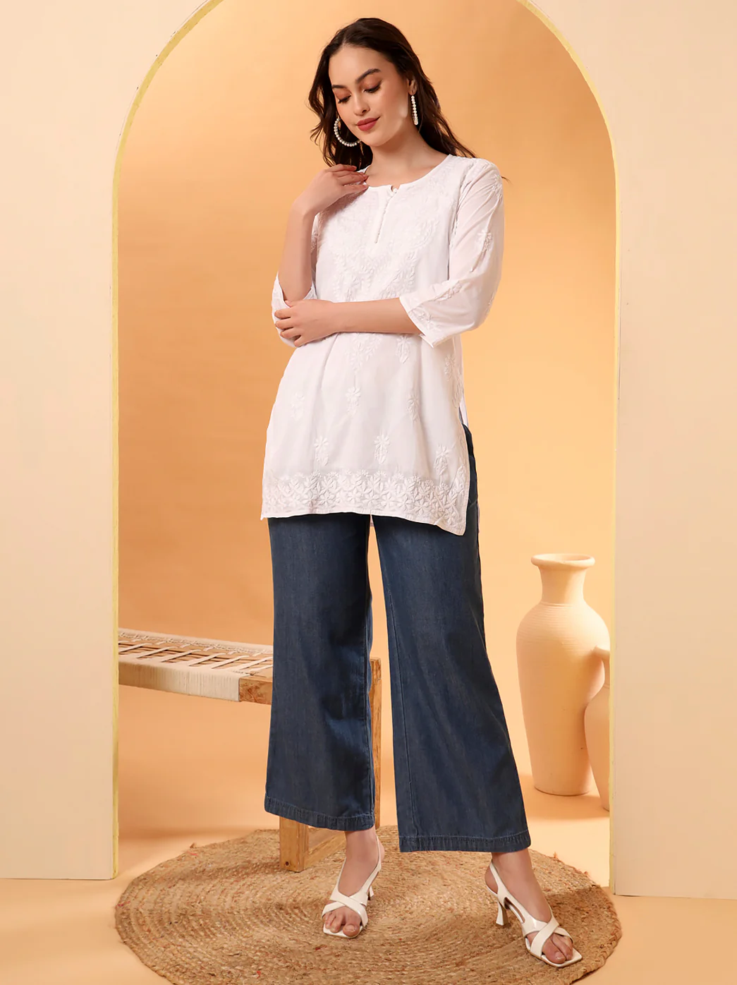 White Ira Cotton Chikankari Short Kurta - Image 5
