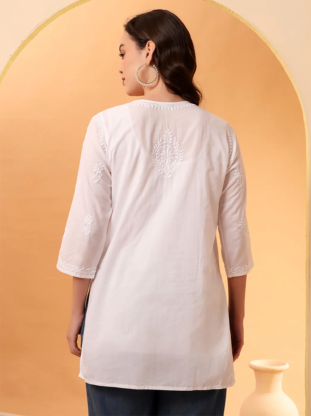 White Ira Cotton Chikankari Short Kurta - Image 6