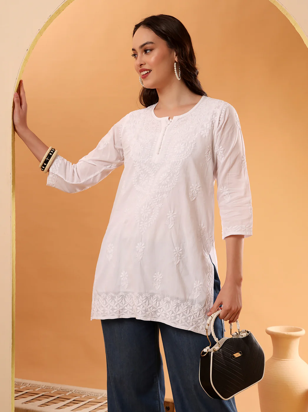 White Ira Cotton Chikankari Short Kurta - Image 7