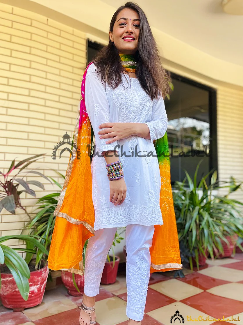 White Ira Cotton Chikankari Straight Kurta Set - Image 3
