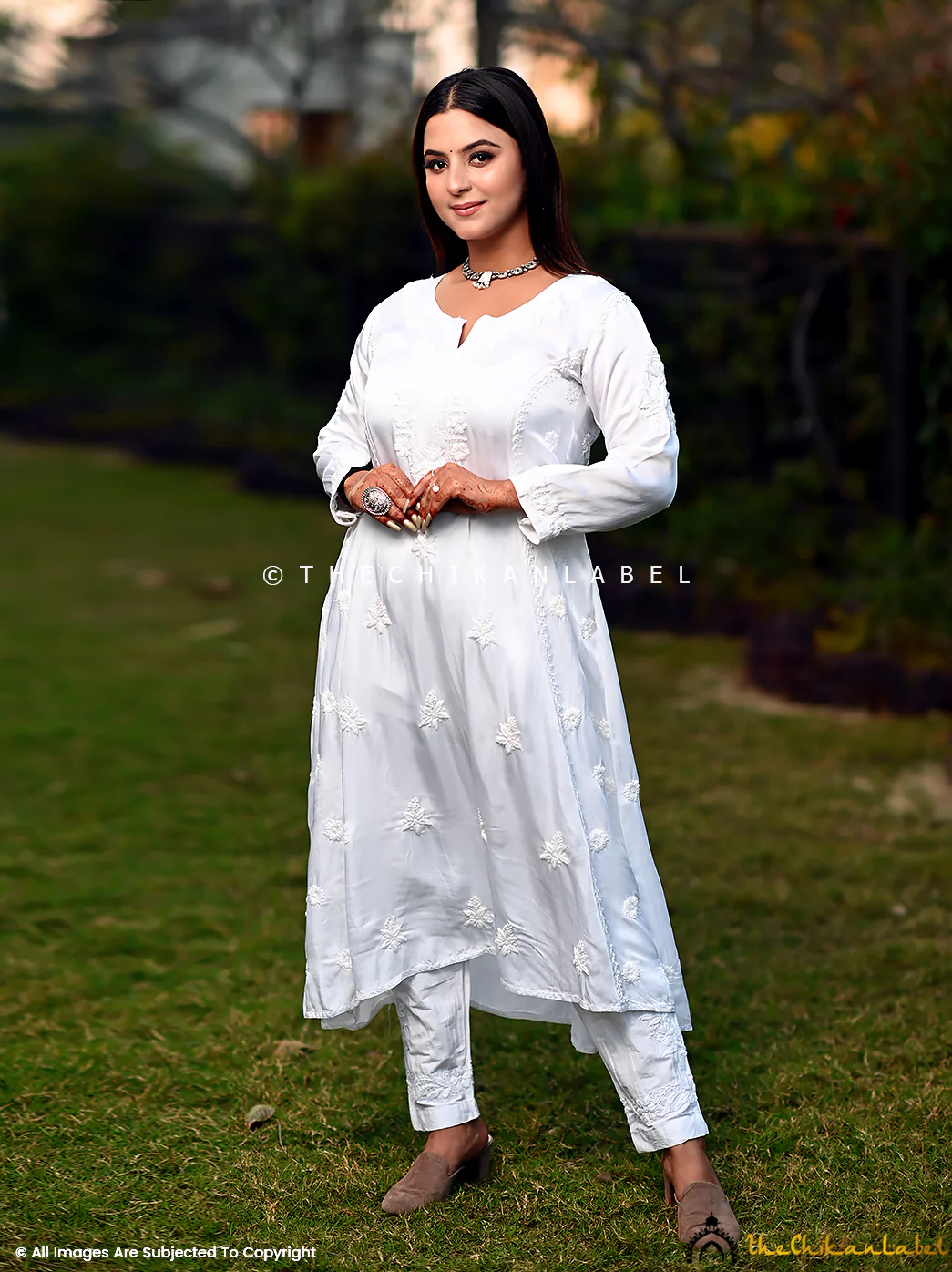 White Isha Modal Satin Chikankari A-Line Kurti - Image 3