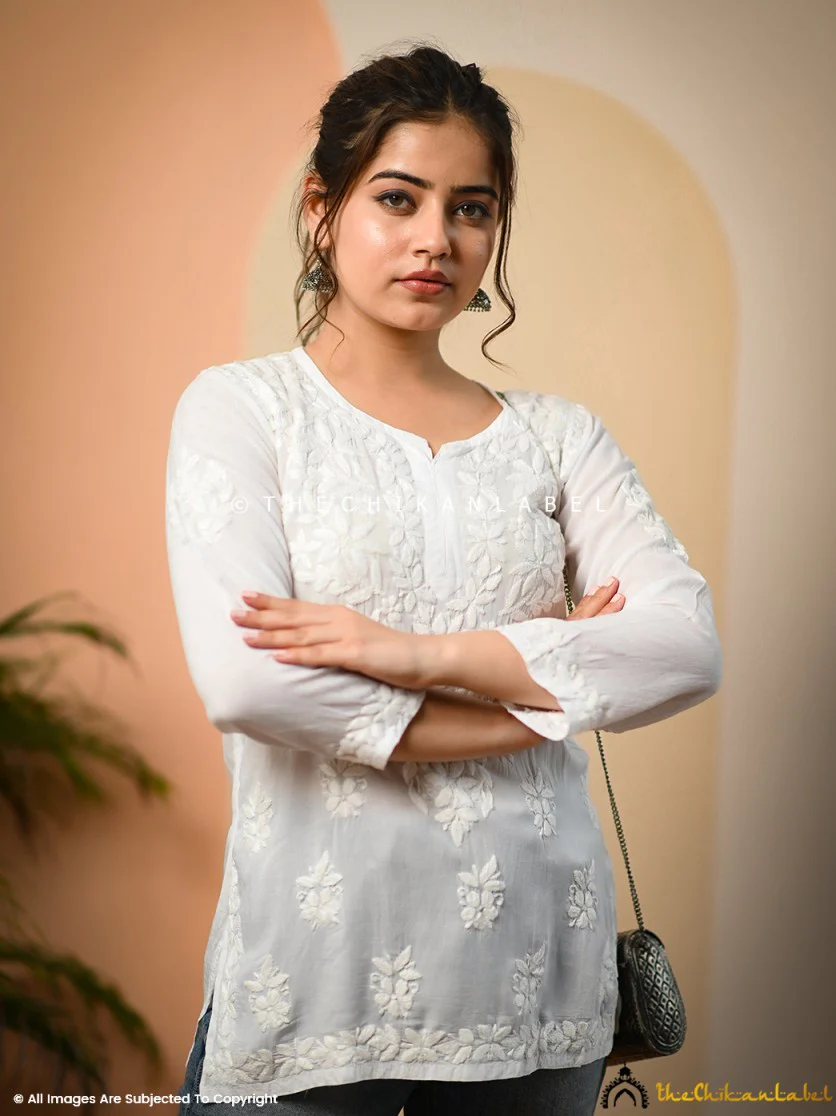 White Jenna Modal Chikankari Short Kurta - Image 2