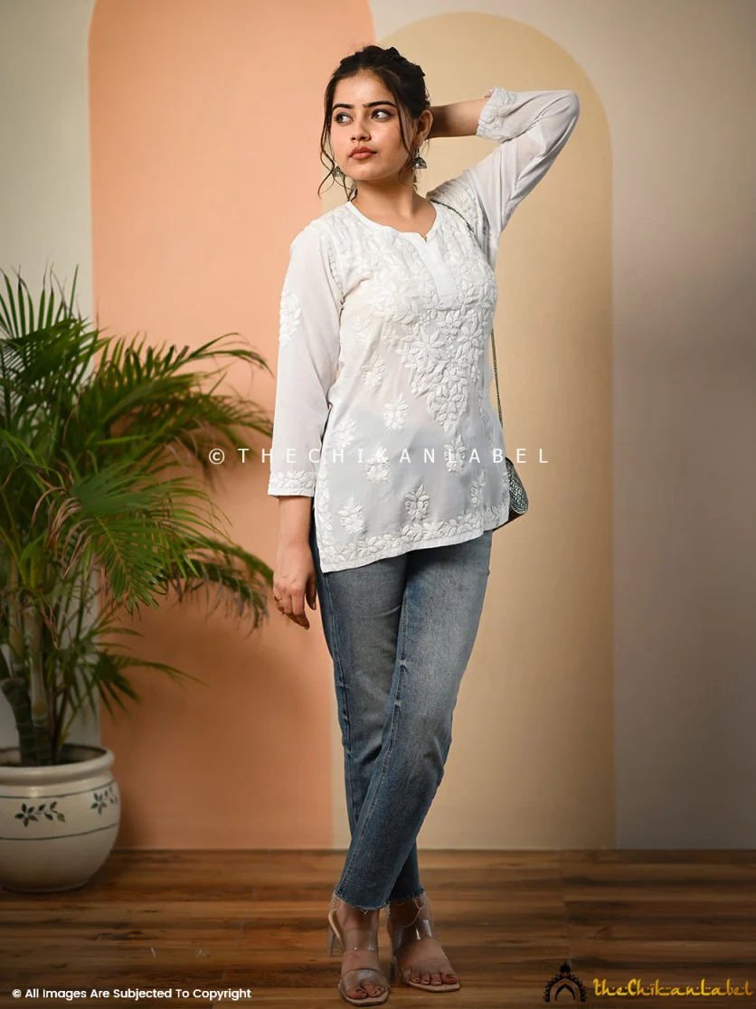 White Jenna Modal Chikankari Short Kurta - Image 3