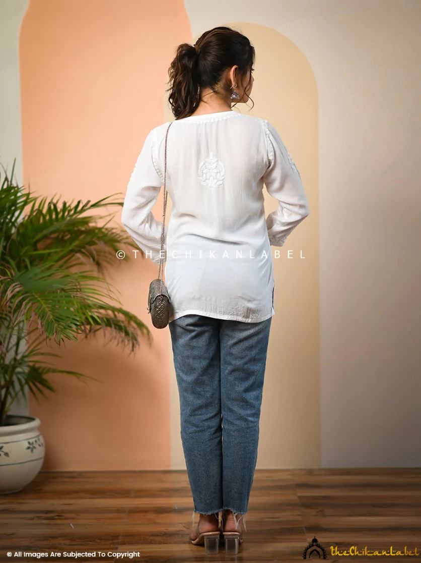 White Jenna Modal Chikankari Short Kurta - Image 4