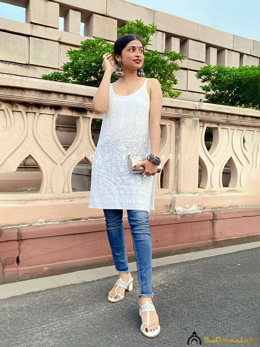 White Jia Viscose Chikankari Strappy Short Kurta - Image 3