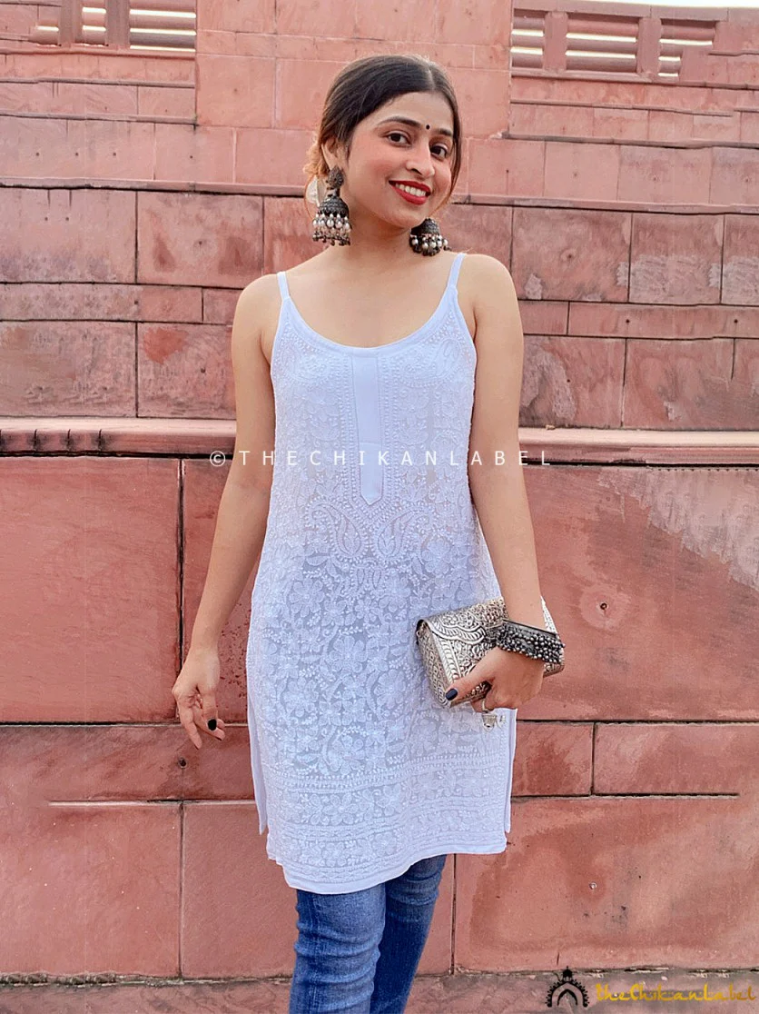 White Jia Viscose Chikankari Strappy Short Kurta - Image 4