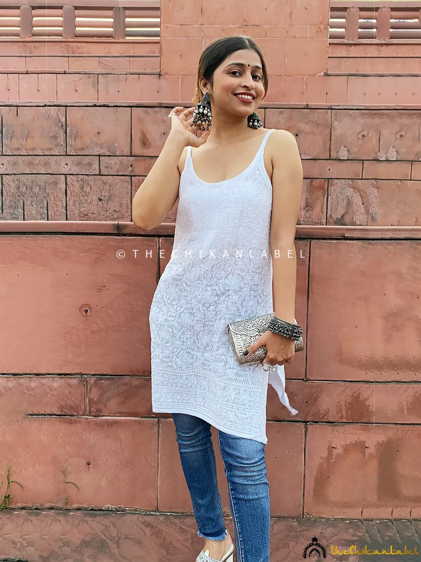 White Jia Viscose Chikankari Strappy Short Kurta - Image 5