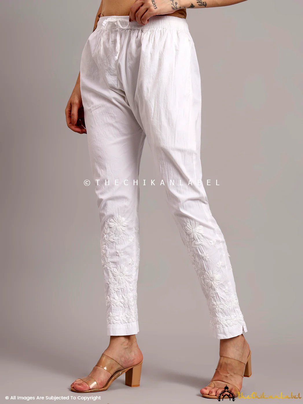 white jigna lycra straight chikankari pant - Image 2