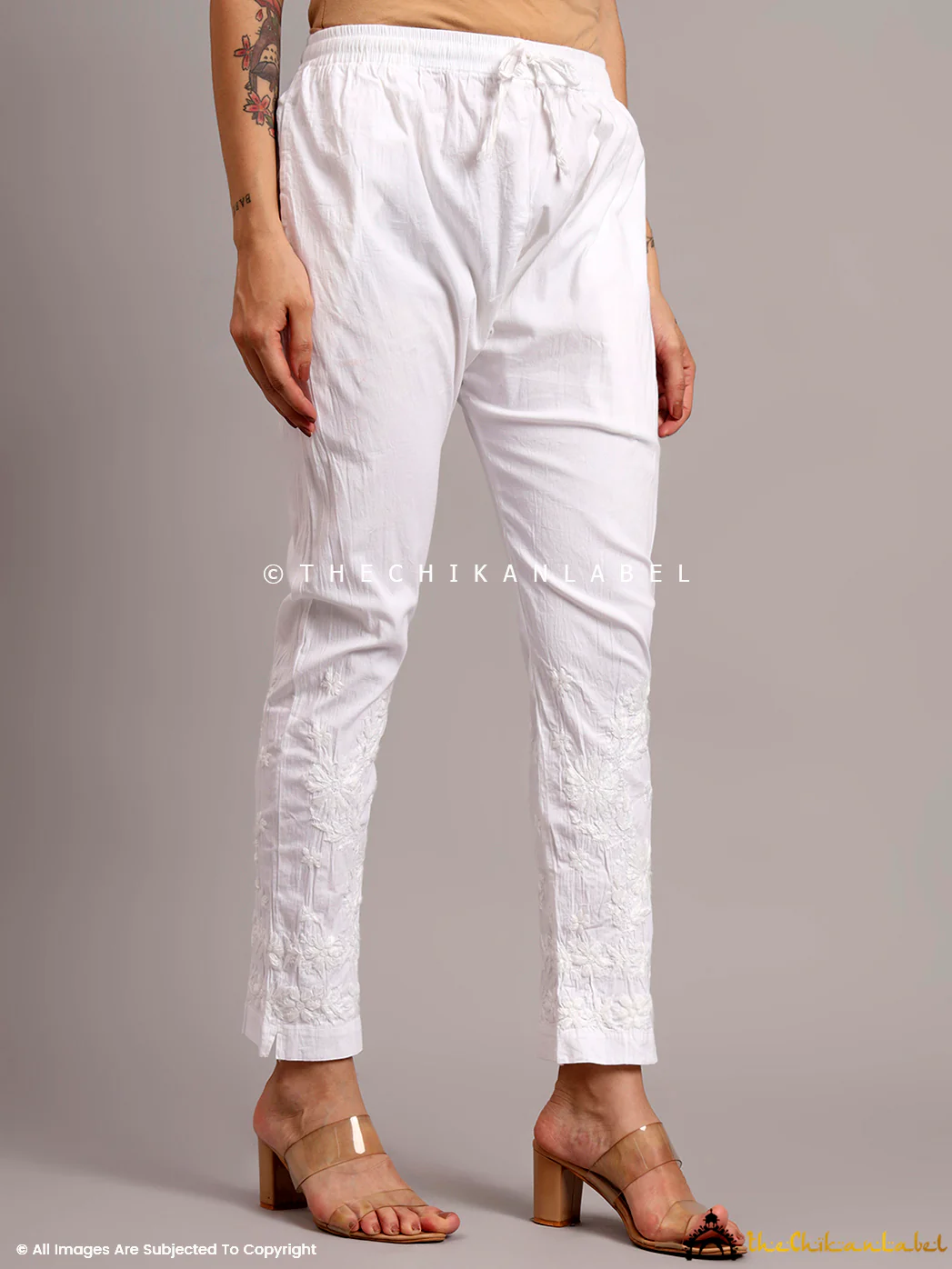 white jigna lycra straight chikankari pant - Image 4