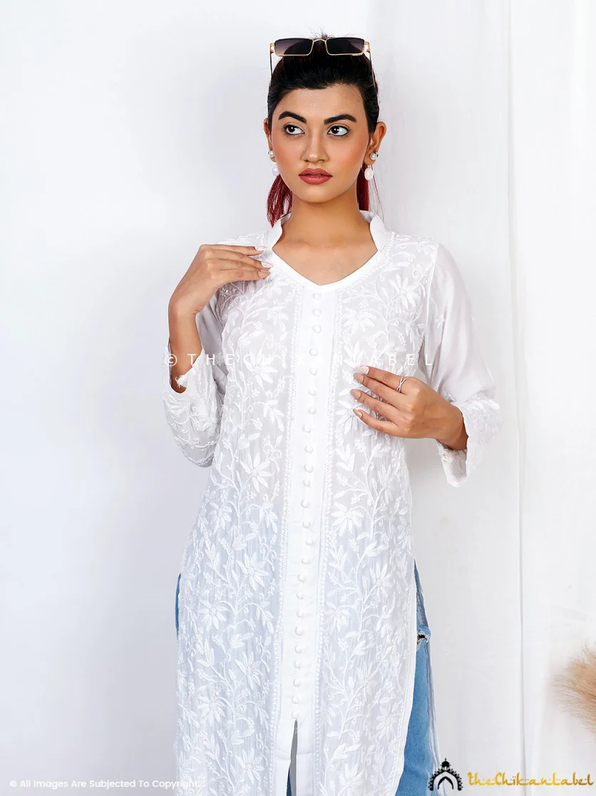 Kaira Muslin Chikankari Straight Kurti-White - Image 2