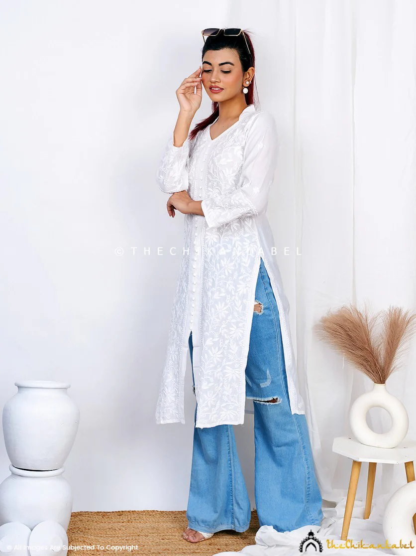 Kaira Muslin Chikankari Straight Kurti-White - Image 4