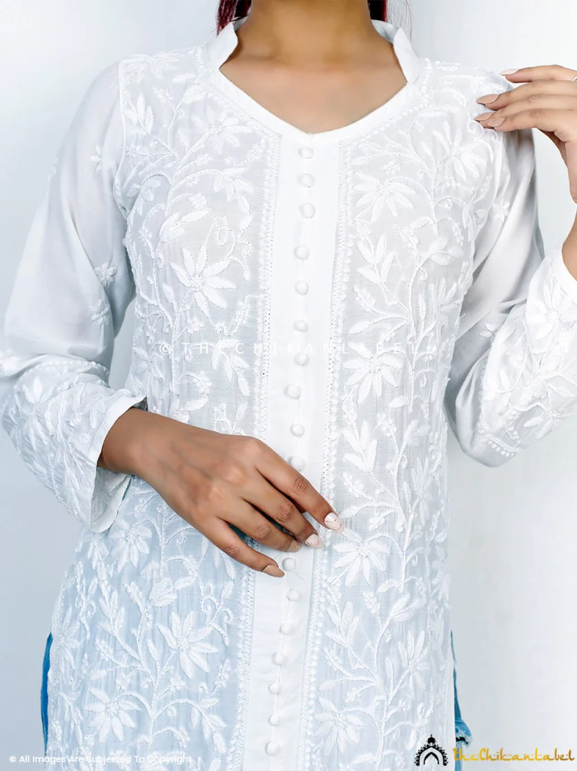 Kaira Muslin Chikankari Straight Kurti-White - Image 5