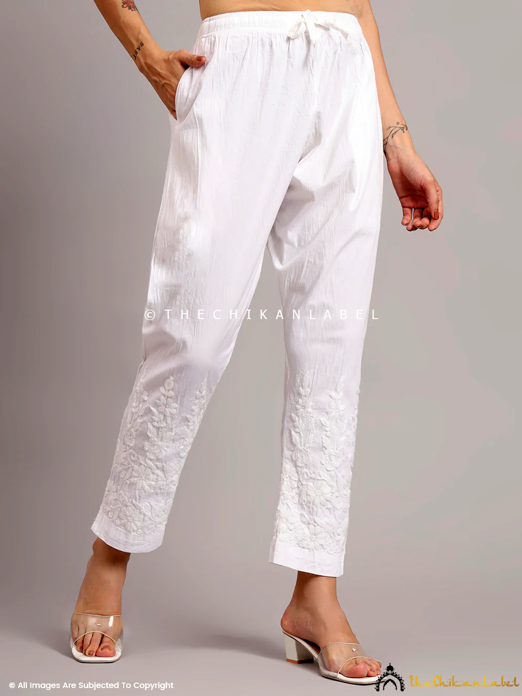 Kaweri Lycra Straight Chikankari Pant - White - Image 4