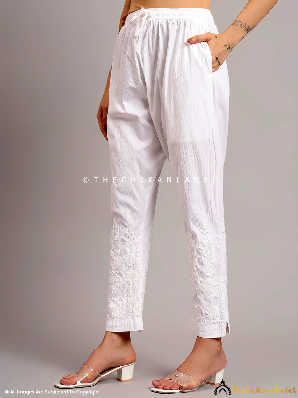 Kaweri Lycra Straight Chikankari Pant - White - Image 5