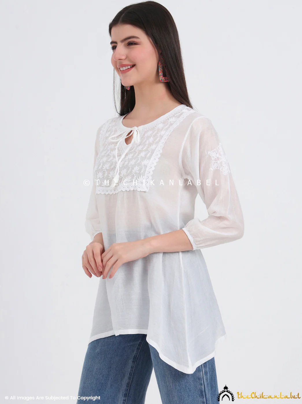 White Laina Chanderi Chikankari Short Top - Image 5