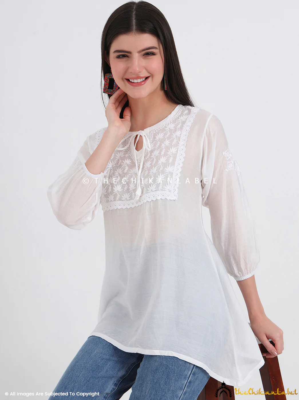 White Laina Chanderi Chikankari Short Top - Image 7