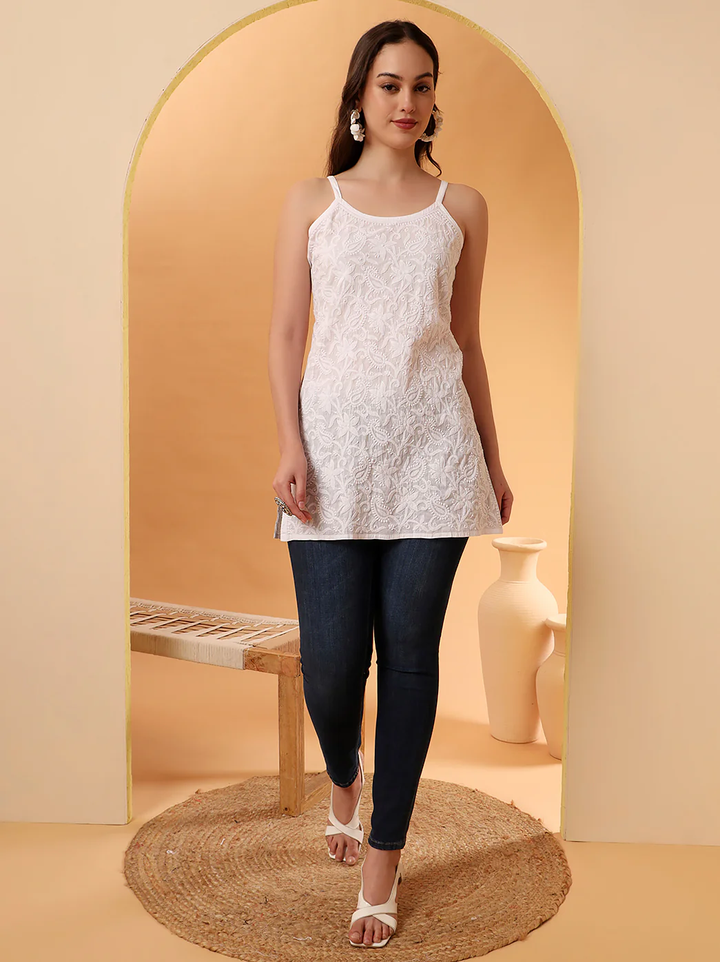 White Lavanya Cotton Chikankari Strappy Short Kurta - Image 3