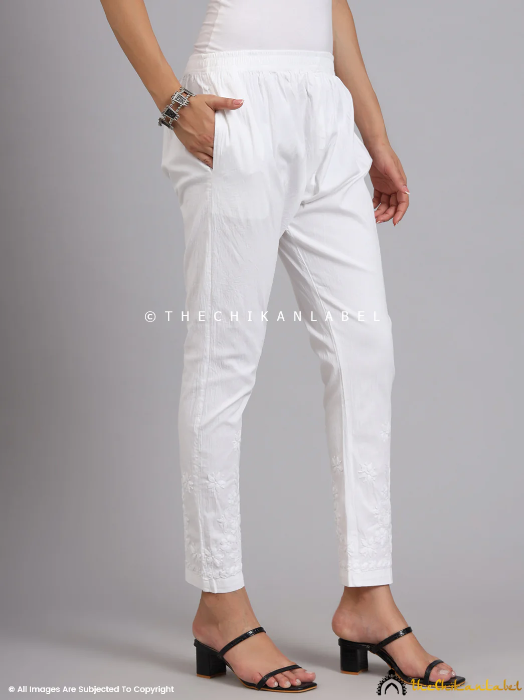 Lekha Lycra Straight Chikankari Cigarette Pant - White - Image 4