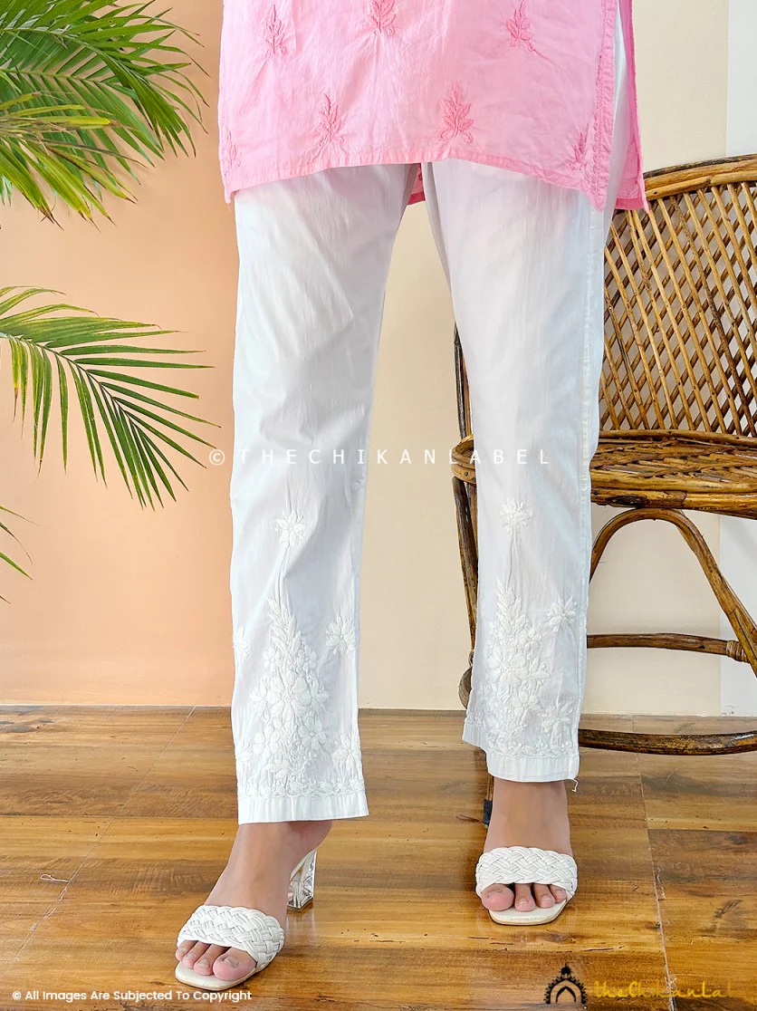 Lekha Lycra Straight Chikankari Cigarette Pant - White - Image 8
