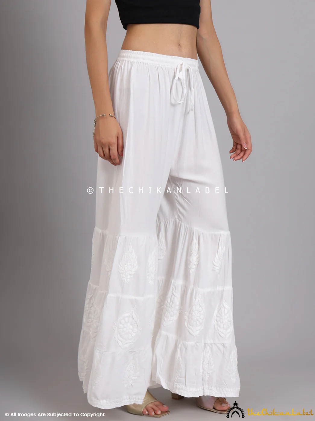 White Liaqat Modal Three Layer Chikankari Garara - Image 3