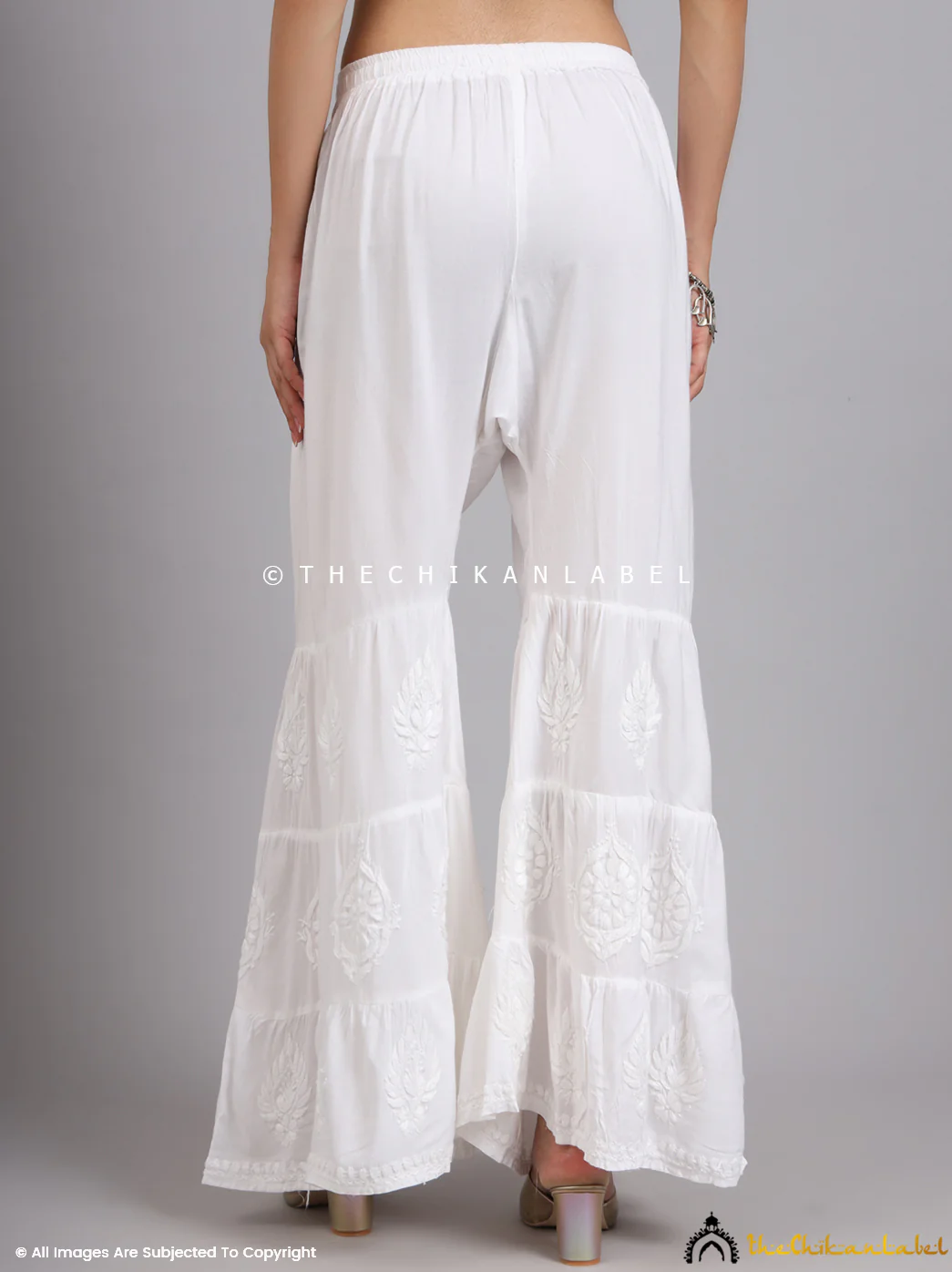 White Liaqat Modal Three Layer Chikankari Garara - Image 5