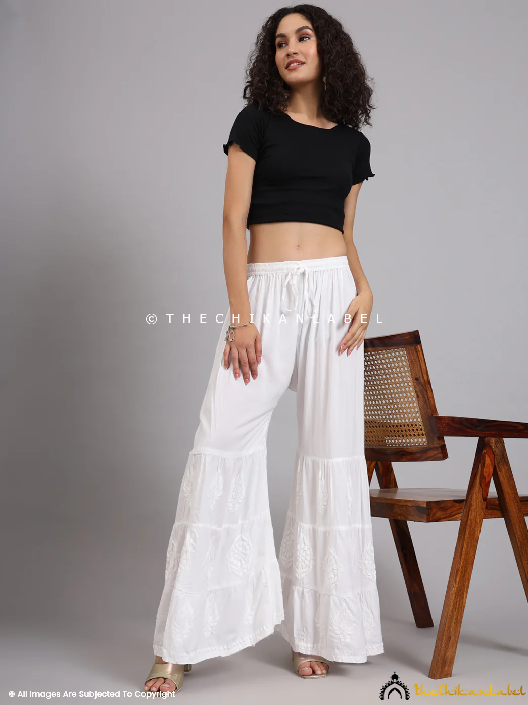 White Liaqat Modal Three Layer Chikankari Garara - Image 6