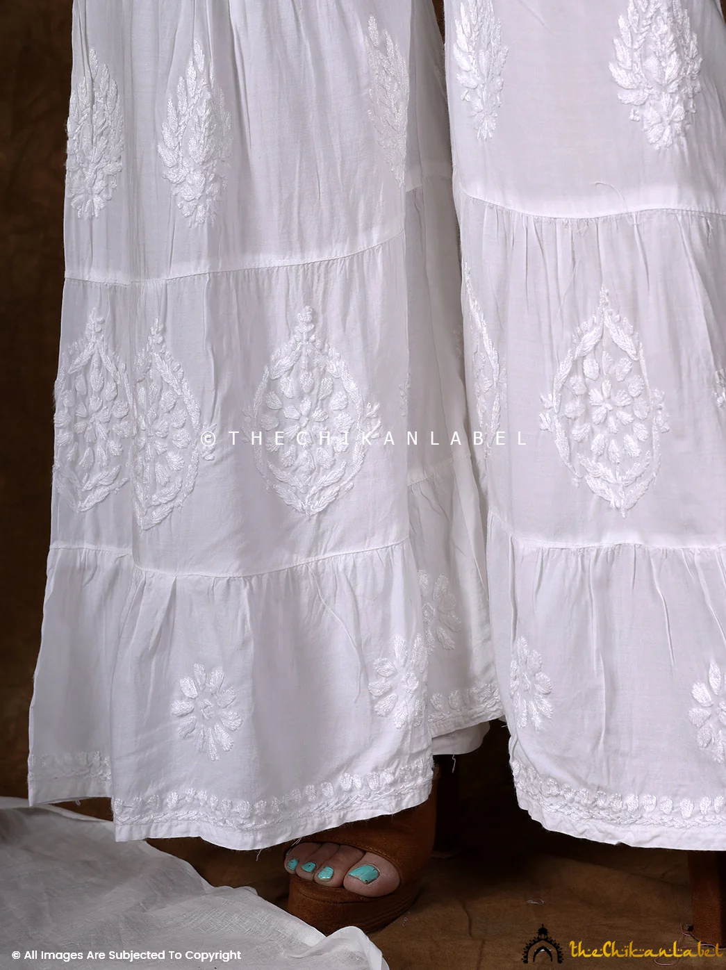 White Liaqat Modal Three Layer Chikankari Garara - Image 9