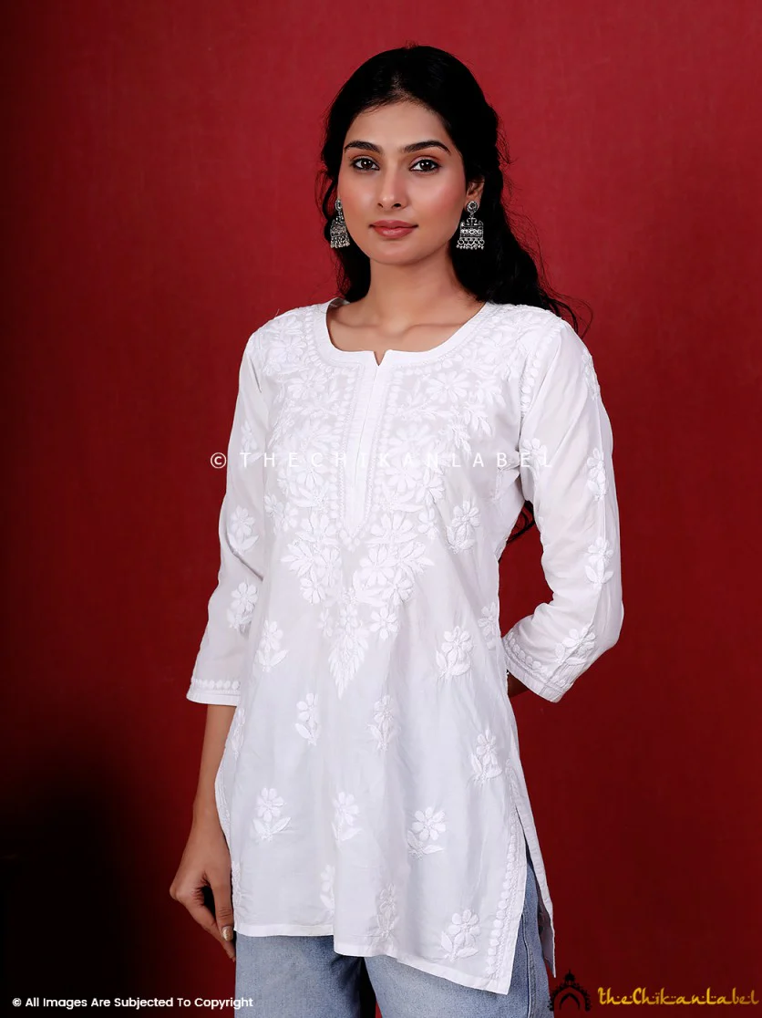 White Meera Cotton Chikankari Short Kurti - Image 3
