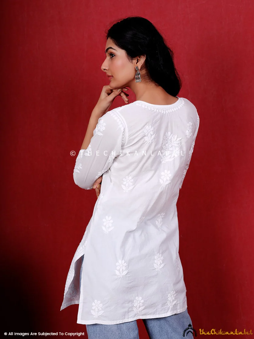 White Meera Cotton Chikankari Short Kurti - Image 4