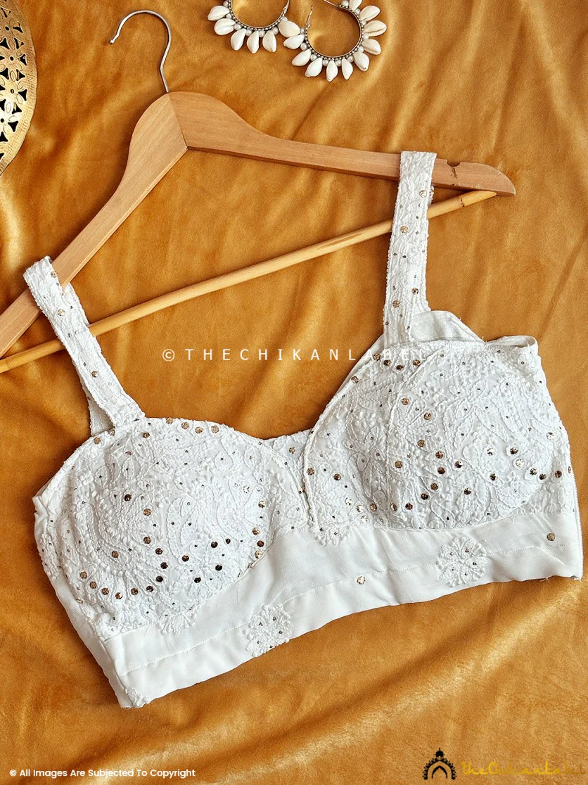 White Mukaish Chikankari Blouse Handmade Lucknow Chikan - Image 4