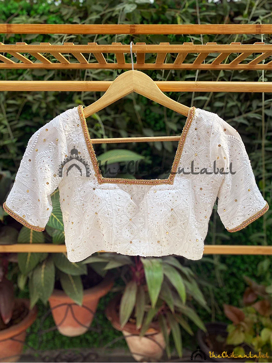 White Mukaish Chikankari Blouse Handmade Lucknow Chikan - Image 2