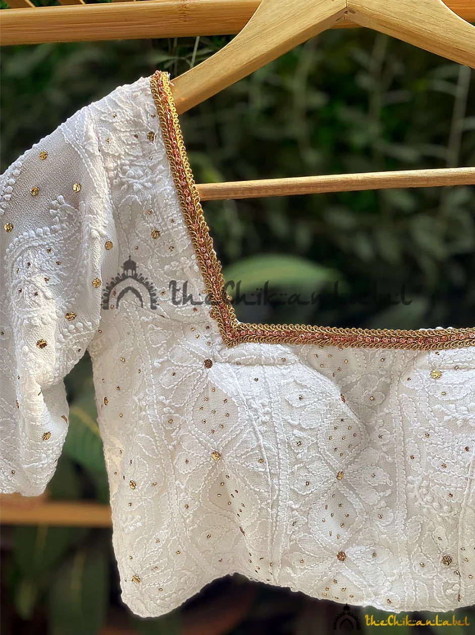 White Mukaish Chikankari Blouse Handmade Lucknow Chikan - Image 3