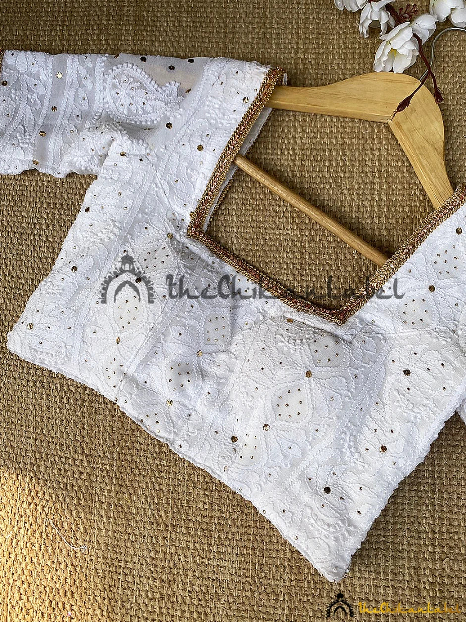White Mukaish Chikankari Blouse Handmade Lucknow Chikan - Image 4