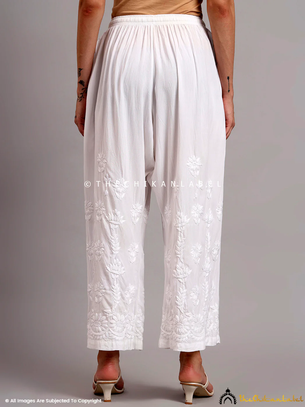 Mukti Rayon Chikankari Straight Palazzo - White - Image 3