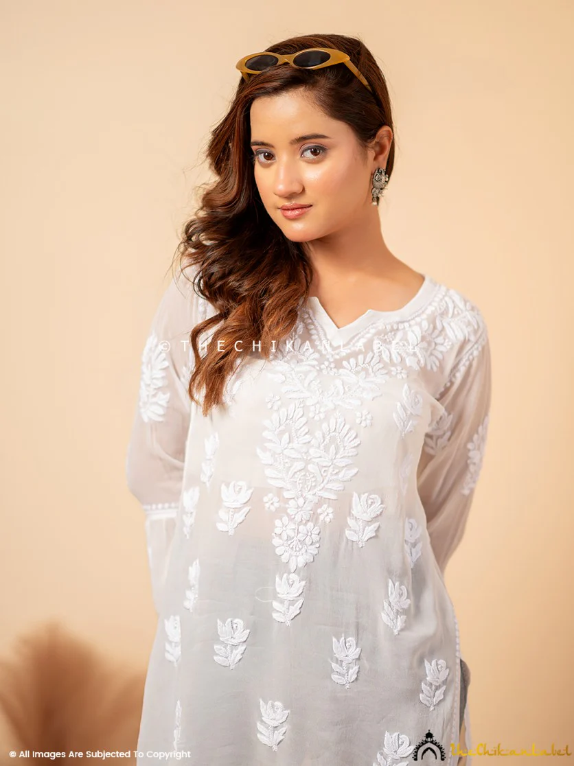 White Mushq Viscose Chikankari Short Kurta - Image 12
