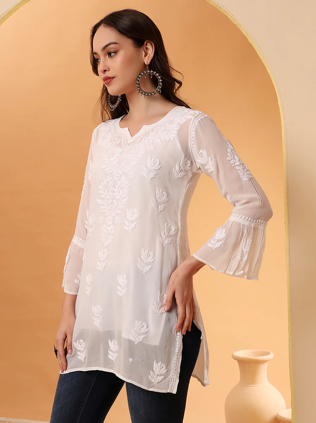 White Mushq Viscose Chikankari Short Kurta - Image 4