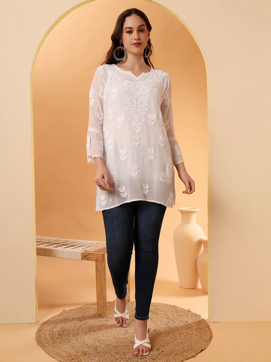 White Mushq Viscose Chikankari Short Kurta - Image 5