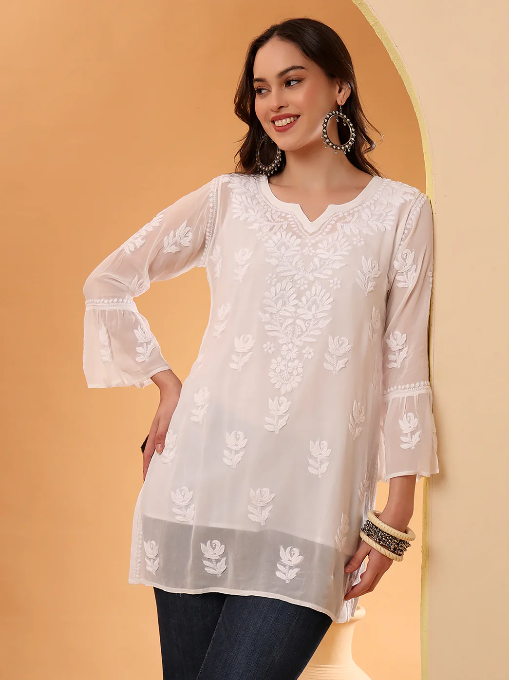 White Mushq Viscose Chikankari Short Kurta - Image 6
