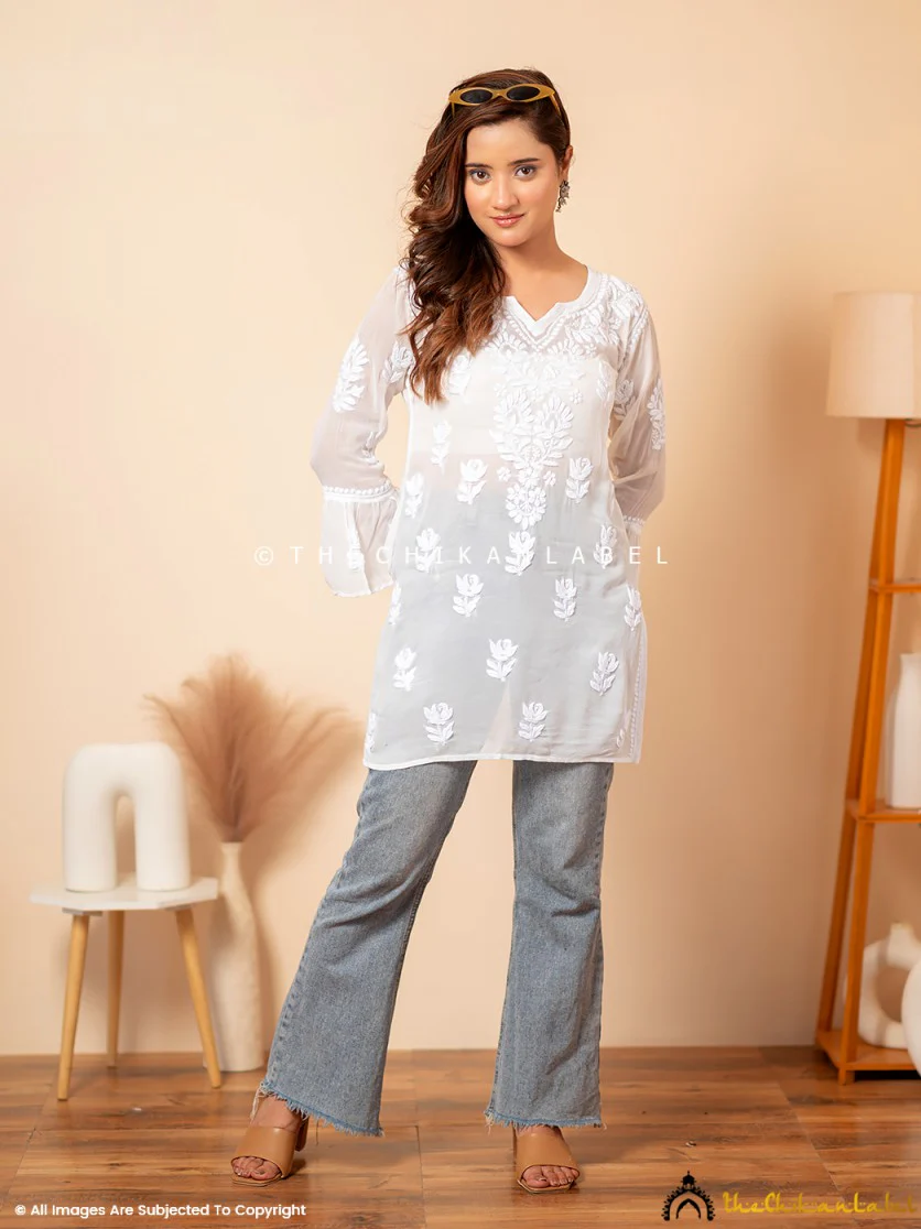 White Mushq Viscose Chikankari Short Kurta - Image 8