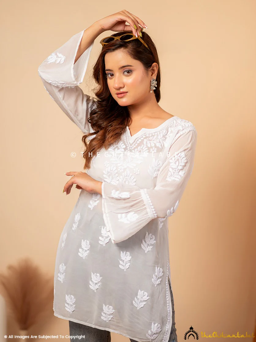 White Mushq Viscose Chikankari Short Kurta - Image 9