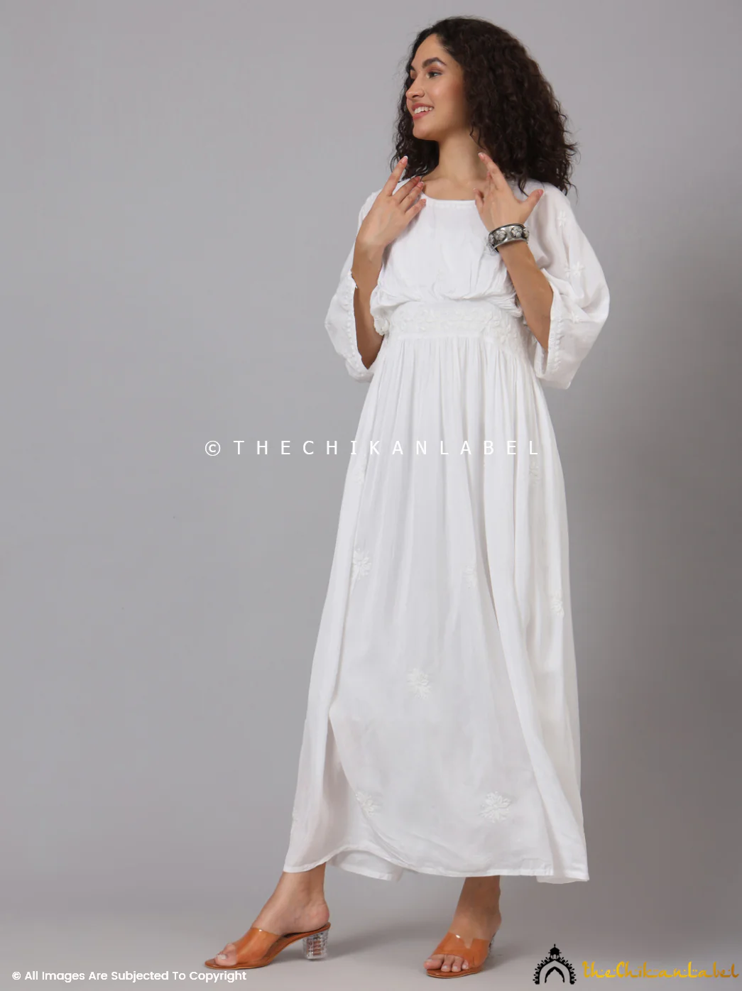 White Muslin Chikankari Kimono Boho Kaftan - Image 11