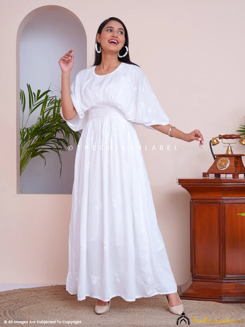 White Muslin Chikankari Kimono Boho Kaftan - Image 13