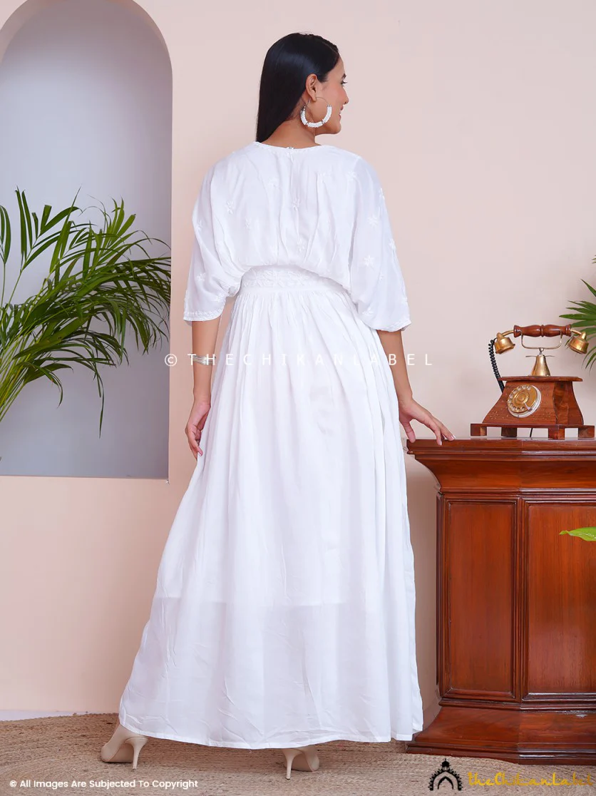 White Muslin Chikankari Kimono Boho Kaftan - Image 15