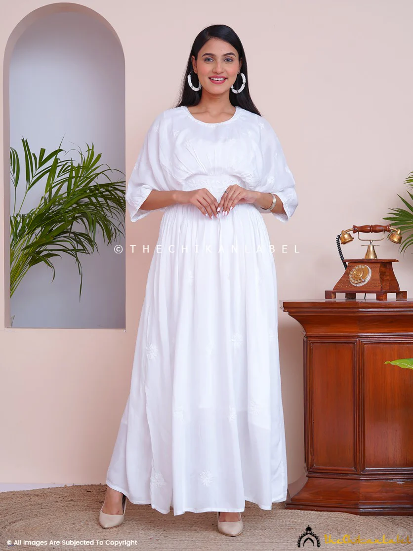 White Muslin Chikankari Kimono Boho Kaftan - Image 17