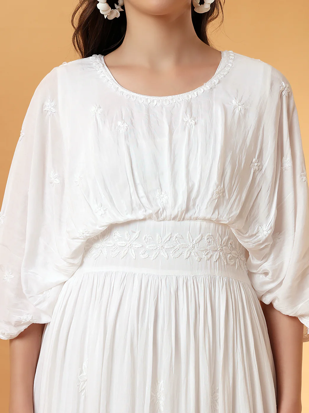 White Muslin Chikankari Kimono Boho Kaftan - Image 2