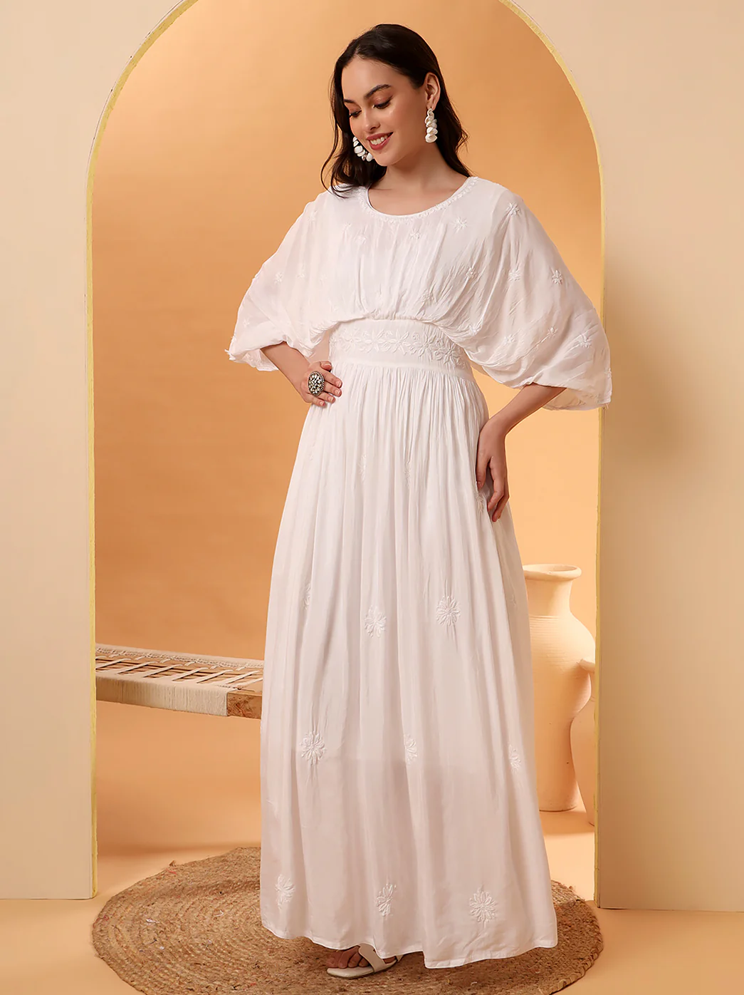 White Muslin Chikankari Kimono Boho Kaftan - Image 3