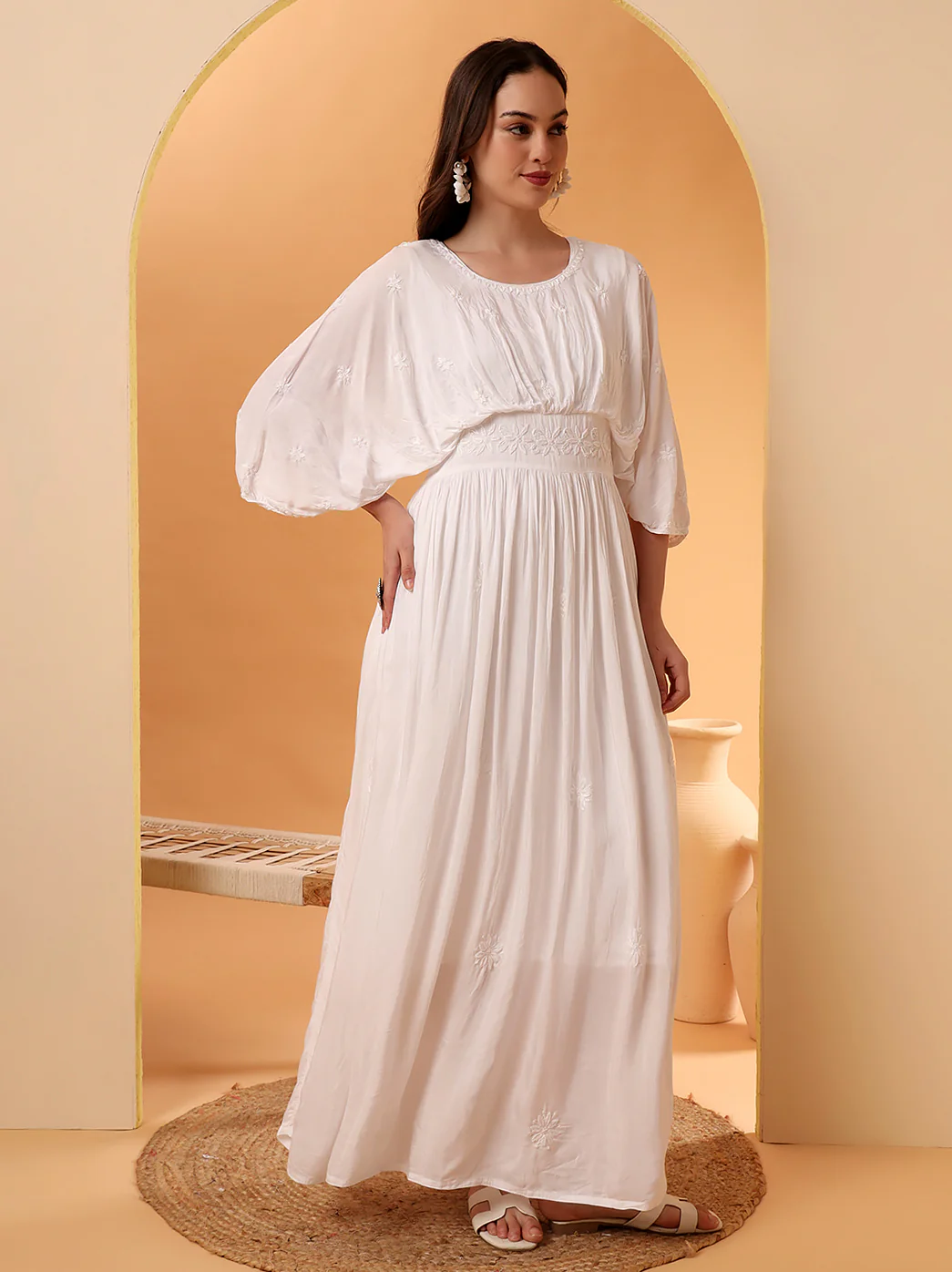 White Muslin Chikankari Kimono Boho Kaftan - Image 4