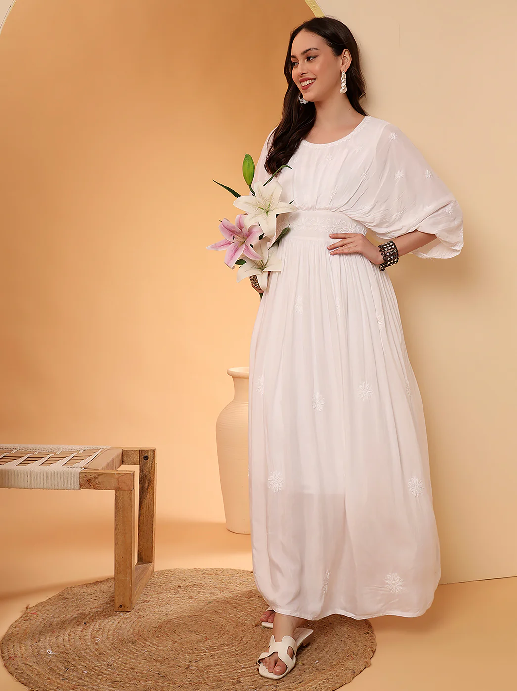 White Muslin Chikankari Kimono Boho Kaftan - Image 5
